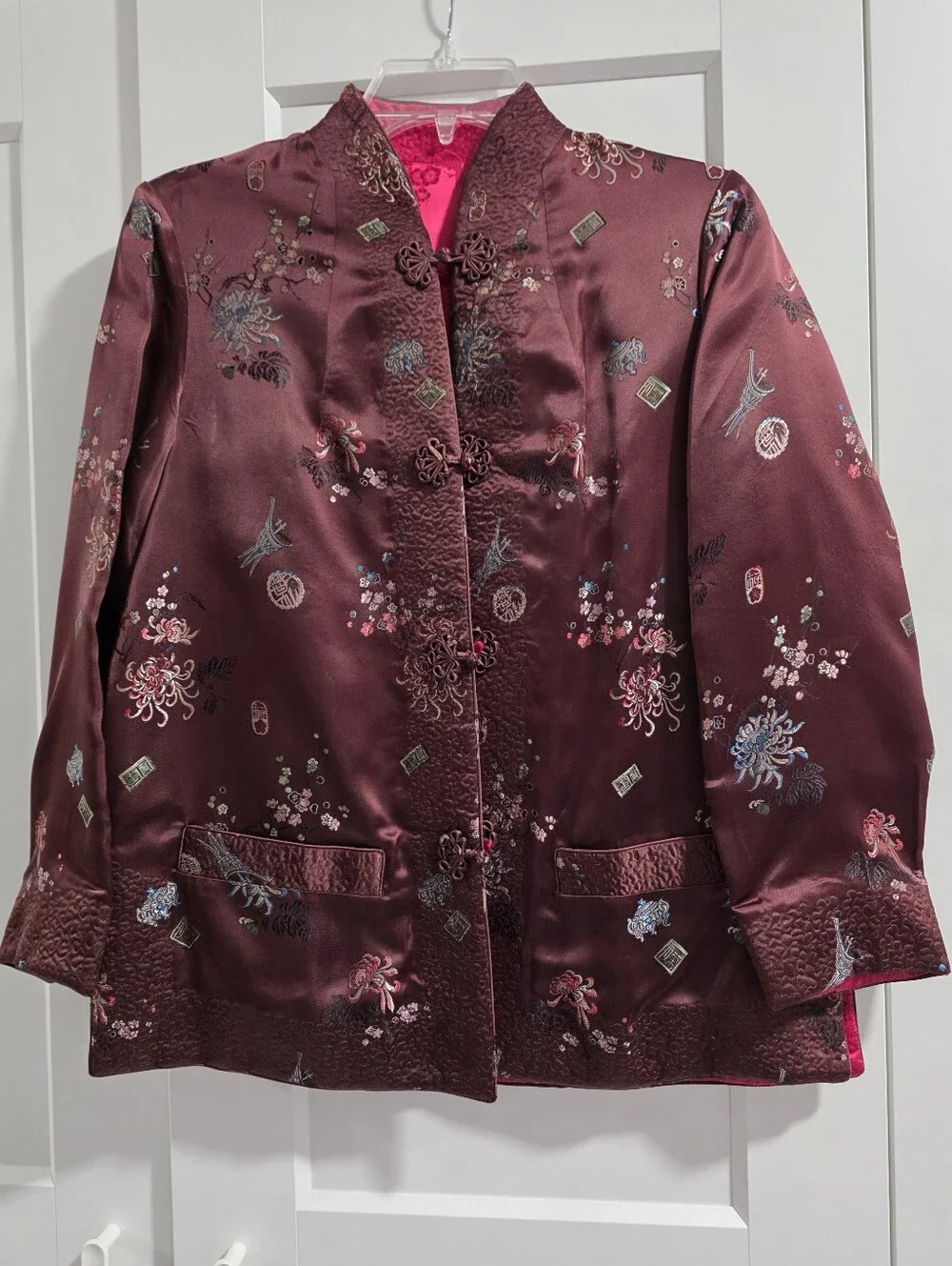 Womans Chinese Reversible Silk Jacket. Chocolate Floral With Reversible Fushia. - Picture 1 of 7